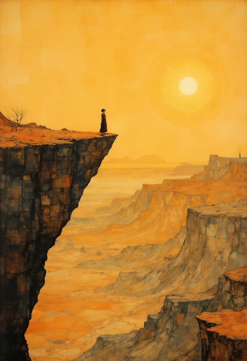 In this captivating scene, an elegant and solitary figure gracefully stands upon a dramatic, bleached cliff's edge. The arid yet breathtaking landscape surrounding the protagonist boasts an intricate array of earth tones, imparting a sense of rugged serenity upon the viewer. As the protagonist embraces the radiant golden sunlight, their silhouette becomes saturated with a warm, glowing radiance. Against this scorched backdrop, dark contoured shadows dynamically contrast with the stark landscape, emphasizing the figure's delicate features while amplifying the dramatic sweep of the distant horizon. Blending surrealism and realism with artful precision, the piece showcases a harmonious balance of subtle earthiness and dramatic contrast, ultimately capturing an eternal beauty through its minimalistic yet photorealistic approach. ,<lora:Digital painting V1.safetensors:1.0> ,