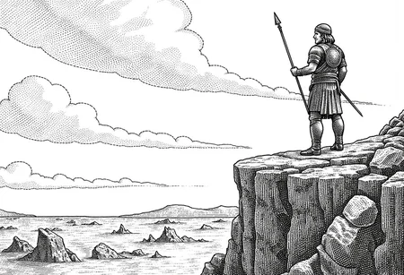 Celtic warrior standing on a cliff, stippled illustration in the style of STPPLD, wearing ancient armor and holding a spear, looking out over a rugged landscape with swirling clouds above and rocky terrain below