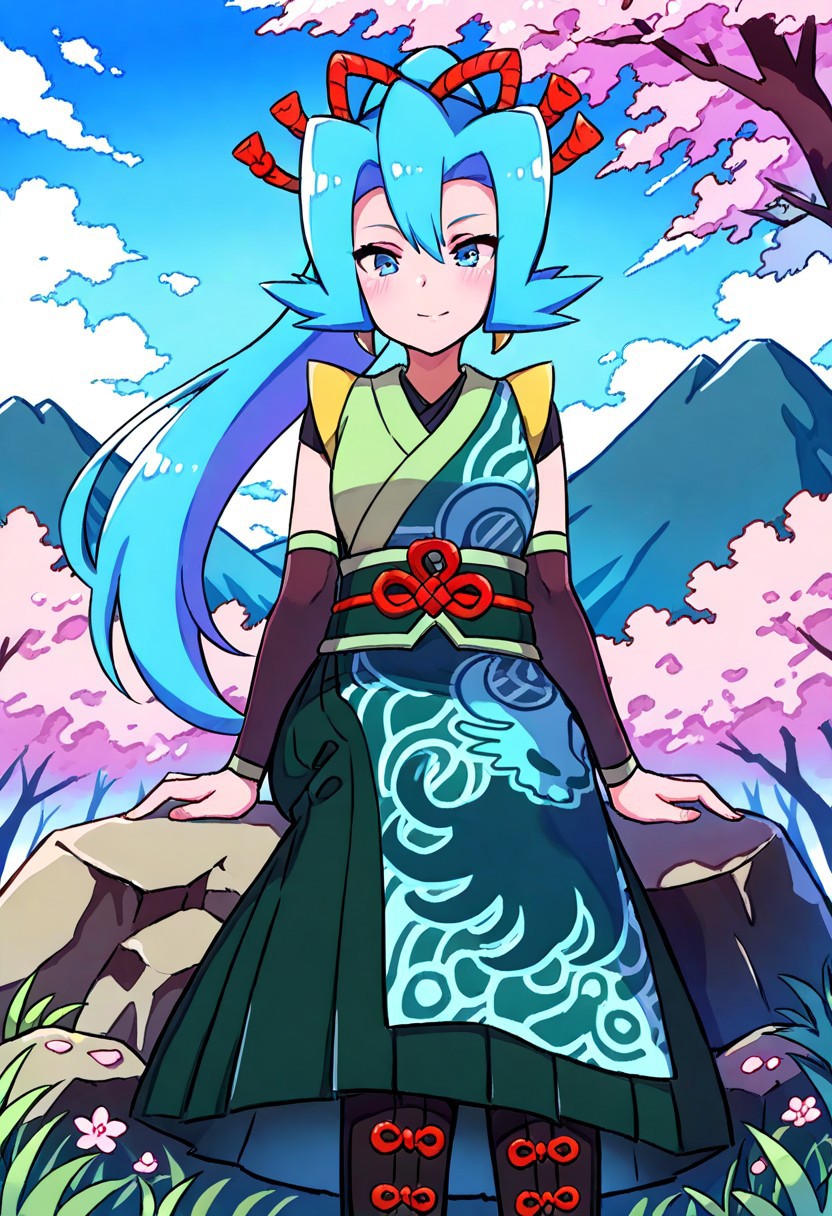 hinosaki, [leveen], 1girl, solo, sitting, on_rock, full_body, close-uup, 
cherry blossoms, mountain, sunshine, clear sky, colorful, woods, landscape, nyclair, blue_eyes, blue_hair, ponytail. hair_ribbon, japanese_clothes, hakama, very_long_dress, deatached_sleeves, boots, black_footwear