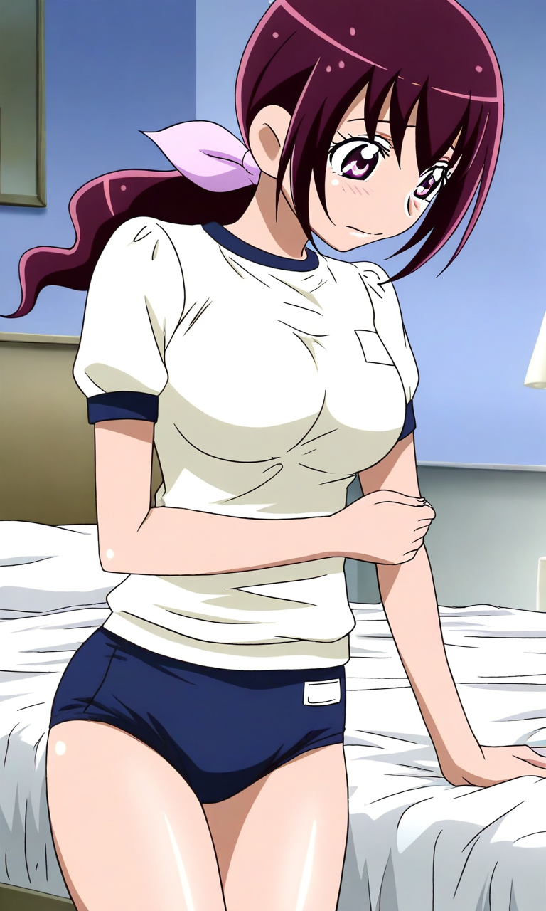 general,highres, ultra-detailed,very aesthetic,best quality ,best hands, BREAK <lora:Hoshizora_Ikuyo_Smile_Precure_IS:1>
Hoshizora_Ikuyo, 1girl, solo, large breasts, purple hair, ponytail, hair ribbon, pink ribbon, long hair, pink eyes,
gym uniform,white shirt, dark blue buruma,
bed, room, sheet,