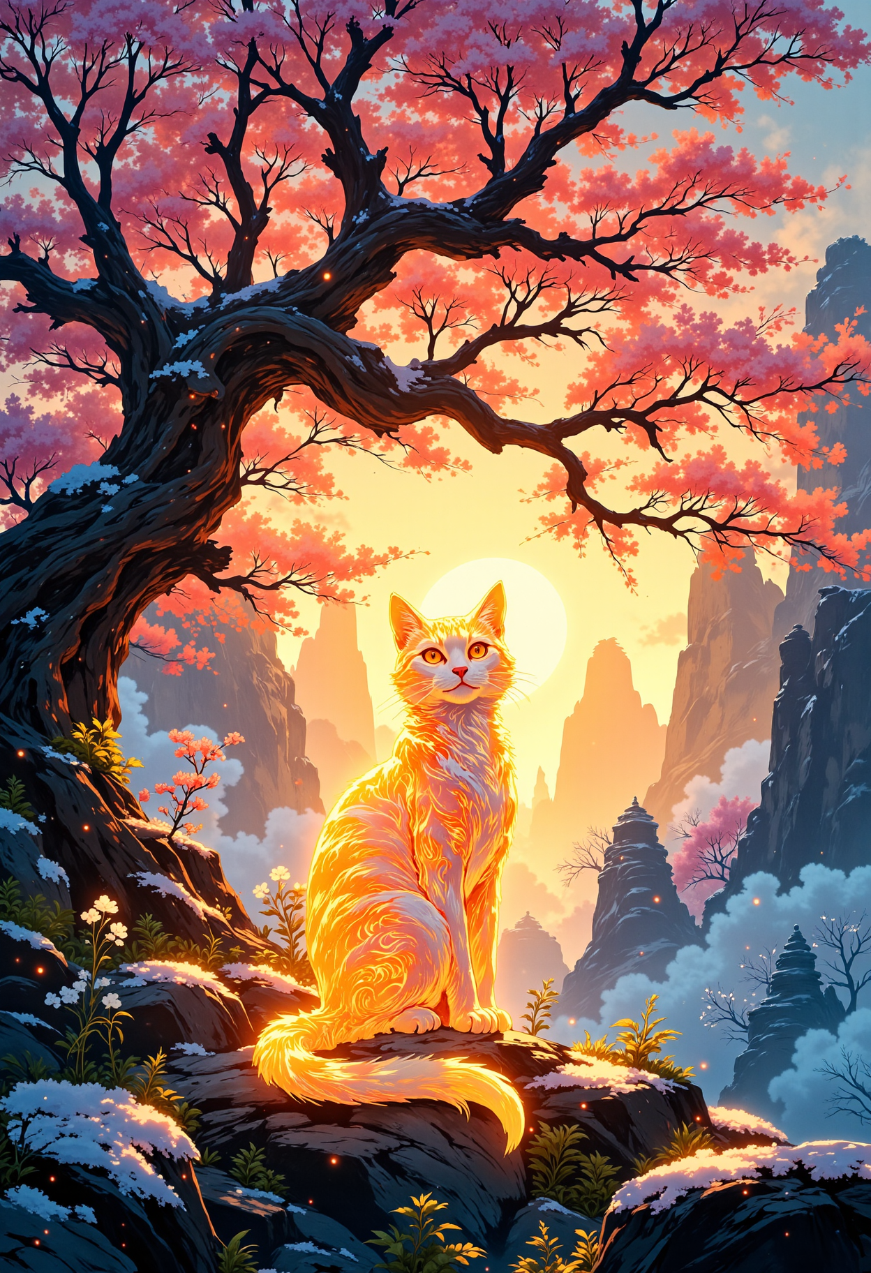 VibrantlySharp style,
animeniji,
3pic_vist4, A lone glowing cat, ethereal and dignified, sits beneath a twisted sakura tree blooming with crystalline snow blossoms, haloed by warm backlight diffused through cold morning fog, rocky spires in the distance fading into softness, fur radiating inner golden warmth, painted in a delicate East Asian ink-wash fusion style with soft texture gradients and ornate ambient glow.
