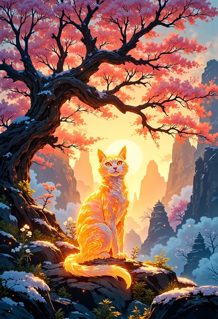 VibrantlySharp style,
animeniji,
3pic_vist4, A lone glowing cat, ethereal and dignified, sits beneath a twisted sakura tree blooming with crystalline snow blossoms, haloed by warm backlight diffused through cold morning fog, rocky spires in the distance fading into softness, fur radiating inner golden warmth, painted in a delicate East Asian ink-wash fusion style with soft texture gradients and ornate ambient glow.