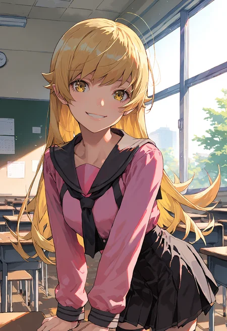 score_9, score_8_up, source_anime,1girl,solo,oshino shinobu,blonde hair,long hair,bangs,yellow eyes,perfecteyes,eyebrows,hair behind ear,sailor school uniform,pink shirt,black skirt,black necktie,thighhighs,school,classroom,window,looking at viewer,smile