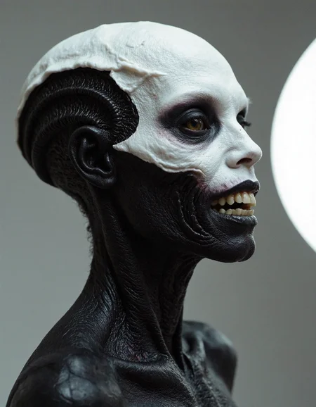 Off-center composition, right-aligned dynamic composition, an other wordly white alien like monstrous creature, erotic female, black glossy fractal skin leather texture, deap sea, slimey, teeths, black eyes, cinematic film still . shallow depth of field, vignette, highly detailed, high budget, bokeh, cinemascope, moody, epic, gorgeous, film grain, grainy, cyberpunk style, (glowing alien eyes), crazy eyes, weird creature, white sphere on the background.