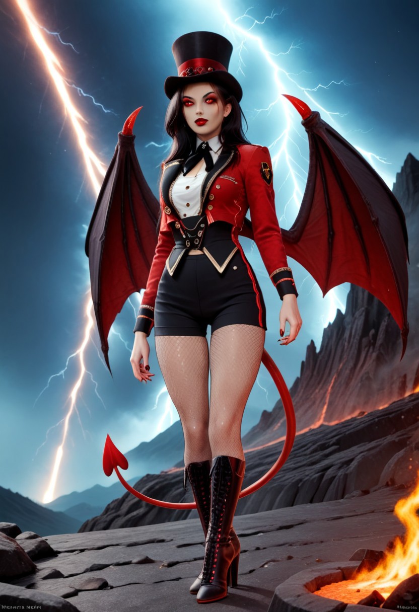 A 35mm photo of a beautiful slim woman, she is a reptilian demon , pale red demon skin with orange belly skin and inner thighs, black demon horns, clawed demonic hands, digitigrade red demon hooves, spade tipped demon tail, standing in a volcano, long straight black hair, large green feline demon eyes, demonic wings, lit with a sickly green light, red sky, blue lightning, broad sexy hips, slim waist, pert breasts, wearing a fitted red tailcoat and black yoga leggings
ruffled lingerie, lava, fire, volcano, lightning, hud_rngmstr,  black shorts, red long sleeve sequin short jacket, buttons, top hat, black neck ribbon, fishnet pantyhose, high heel boots