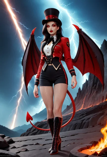 A 35mm photo of a beautiful slim woman, she is a reptilian demon , pale red demon skin with orange belly skin and inner thighs, black demon horns, clawed demonic hands, digitigrade red demon hooves, spade tipped demon tail, standing in a volcano, long straight black hair, large green feline demon eyes, demonic wings, lit with a sickly green light, red sky, blue lightning, broad sexy hips, slim waist, pert breasts, wearing a fitted red tailcoat and black yoga leggings
ruffled lingerie, lava, fire, volcano, lightning, hud_rngmstr,  black shorts, red long sleeve sequin short jacket, buttons, top hat, black neck ribbon, fishnet pantyhose, high heel boots
