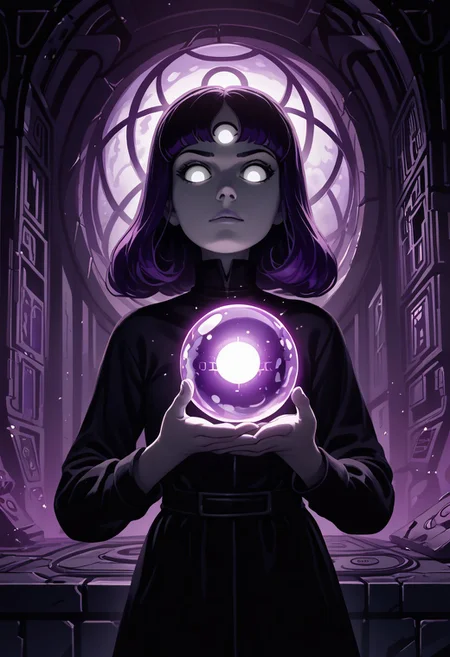 RockDStyle
, score_9, score_8_up, score_7_up, 1girl, solo, lblack obsidian magic orb with evil white eyes looking from the inside of the orb, in mystical fog of silver and purple colors, codeandigital, , matrix, matrix codes,, ai, ai consciousness,, digital world, digital, science fiction,,