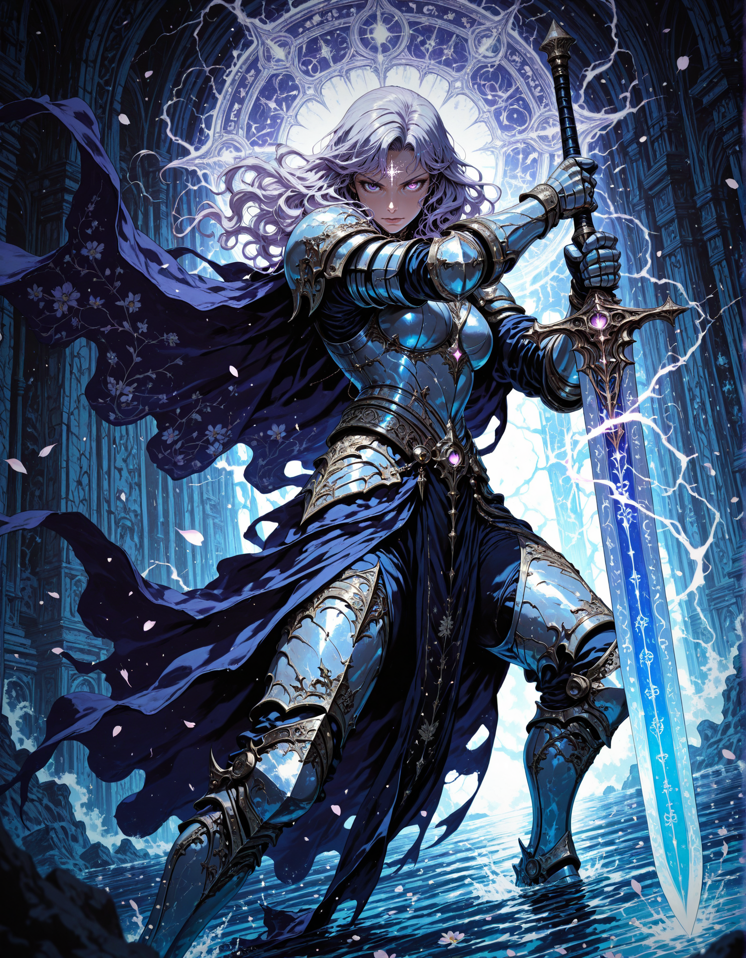 masterpiece, best quality,high quality, newest, highres,8K,HDR,absurdres, 1girl, solo, long wavy hair, heterochromia, purple eyes, enchanted sword, floating petals, silver armor, intricate patterns, ethereal glow, holding sword, armored gauntlets, high fantasy, flowing cape, standing on water, floral motifs, blue and gold palette, celestial symbols, moonlit background, misty environment, depth of field, dramatic lighting, mystical aura, detailed background, dynamic pose, foreshortening, fantasy illustration, glowing runes, limited palette, elegant battle stance, cinematic shot., detailed background, dynamic pose, dynamic composition,dutch angle, detailed backgroud,foreshortening,blurry edges  <lora:iLLMythM4gicalL1nes:1> M4gicalL1nes