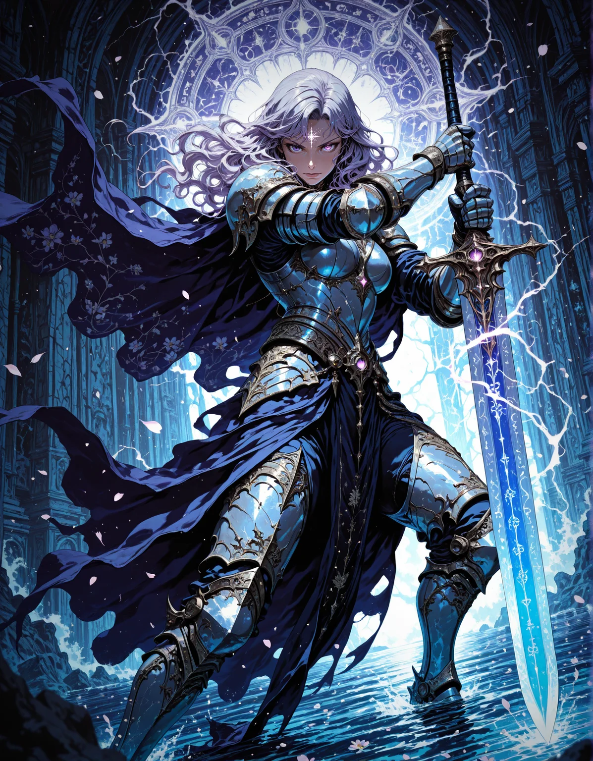masterpiece, best quality,high quality, newest, highres,8K,HDR,absurdres, 1girl, solo, long wavy hair, heterochromia, purple eyes, enchanted sword, floating petals, silver armor, intricate patterns, ethereal glow, holding sword, armored gauntlets, high fantasy, flowing cape, standing on water, floral motifs, blue and gold palette, celestial symbols, moonlit background, misty environment, depth of field, dramatic lighting, mystical aura, detailed background, dynamic pose, foreshortening, fantasy illustration, glowing runes, limited palette, elegant battle stance, cinematic shot., detailed background, dynamic pose, dynamic composition,dutch angle, detailed backgroud,foreshortening,blurry edges <lora:iLLMythM4gicalL1nes:1> M4gicalL1nes