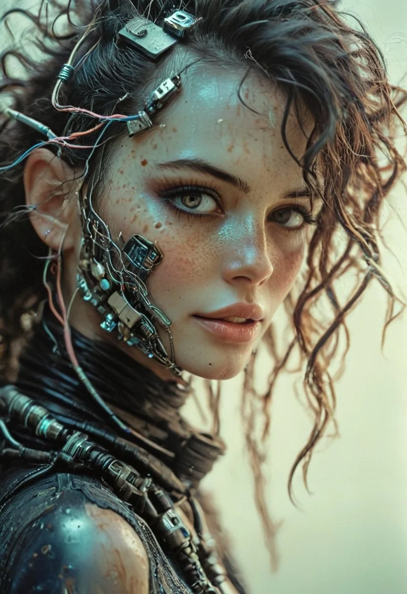 velvet billowingn cape, dim light, low light, dramatic light, partially covered in shadow, photo in phst artstyle, mechanical parts, wires, cables, cyberpunk, closeup portrait of shy smiling spaceage bedouin freckled horned gambler with a half robot face, blue lipstick, black skin, vibrant pink/white colored, closeup photo of an wired-cyborg assassin with half robot face wearing a black high collar parka, solo, woman, high collar parka, upper body,, female focus, crepuscular rays, volumetric lighting, ultra detailed, deep Blacks, very detailed, atmospheric haze, Film grain, cinematic film still, shallow depth of field, highly detailed, high budget, cinemascope, moody, epic, OverallDetail, 2000s vintage RAW photo, photorealistic, candid camera, color graded cinematic, eye catchlights, atmospheric lighting, imperfections, natural, shallow dof