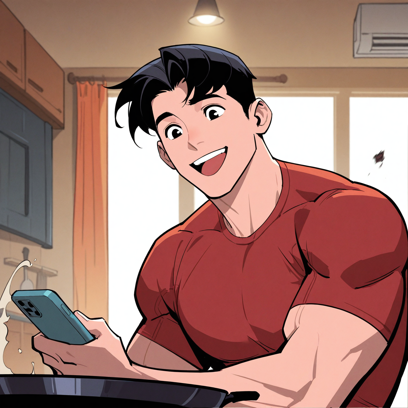 <lora:TIM_DRAKE:1>tim_drake, smile, solo, open mouth, short hair, shirt, black hair, 1boy, holding, upper body, male focus, :d, teeth, solo focus, indoors, black eyes, window, upper teeth only, phone, cellphone, curtains, red shirt, smartphone, holding phone, kitchen, frying pan, looking at phone, ceiling light, air conditioner, parted bangs, twenty-something, muscular, western comics (style), motion blur, film grain, abstract, natural lighting, fantasy, cinematic, dynamic, very awa, masterpiece, best quality, absurdres, newest, perfect quality, detailed background, intricate details, (artist:fl \(l-fl\):0.7), (artist:tooboshoo:0.7), (artist:dizdoodz:0.8)
