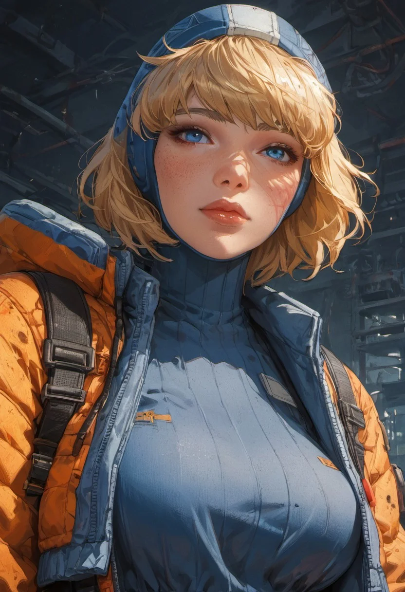 ((zPDXL3)), (score_9), score_8_up, score_8, perfecteyes, ultra detailed, high resolution, high quality, masterpiece, intricate details, intricate body, intricate landscape, knva, Expressiveh, European Instagram Model, low light, muddy wasteland, No Man's Land, trenches,
BREAK
1girl, solo, source_cartoon, mature female, wattson, blue eyes, scar on face, or scar on left cheek, blonde hair, bangs, turtleneck, head cap, white Jumpsuit, orange jacket, zipper down, beautiful, full lips, looking at viewer, (closed mouth),