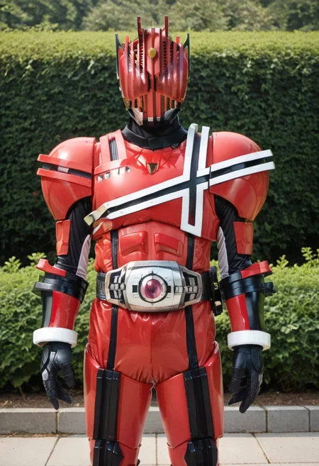 score_9, score_8, score_7, solo, armor, tokusatsu, bodysuit, helmet, rider belt, momotaro, peach, red armor,