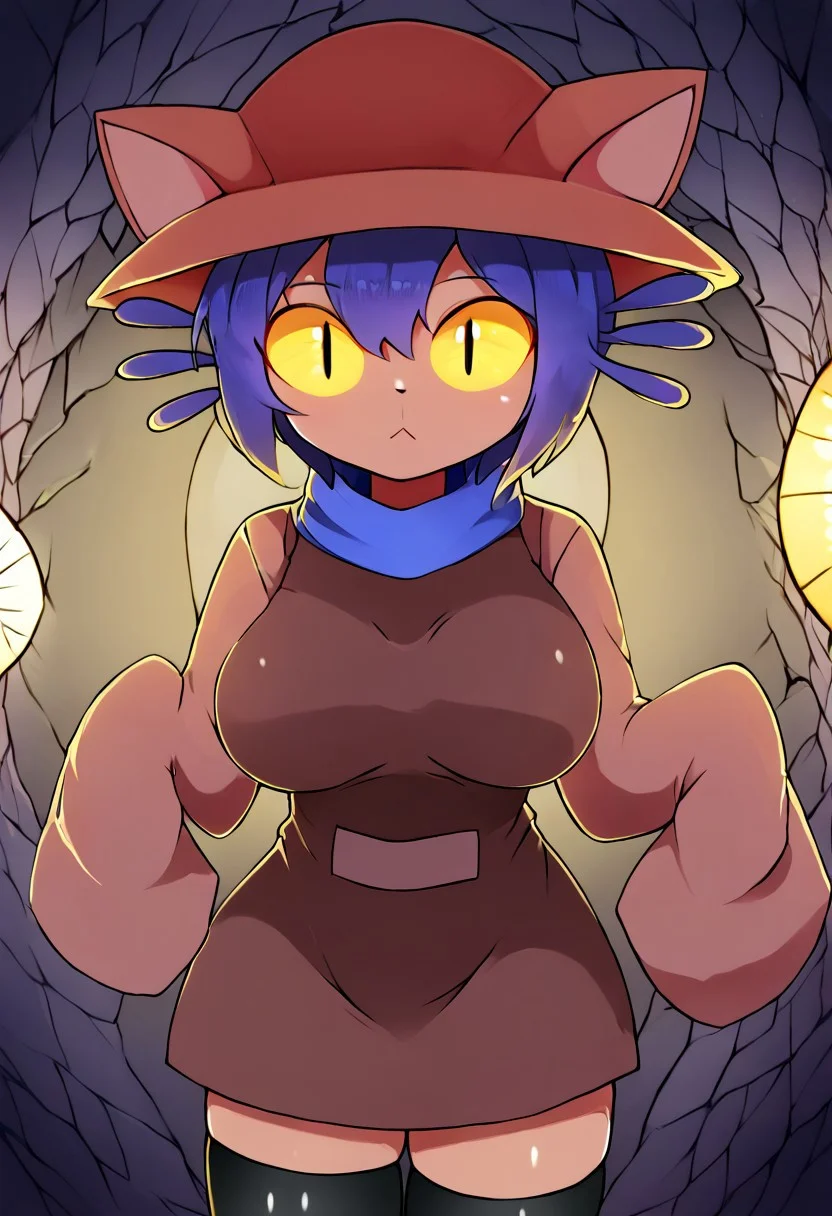 niko \(oneshot\), slit pupils, yellow sclera, cat hat, blue scarf, brown dress, sleeves past fingers, black legwear, detail1eye, slightly big breasts, perfecteyes, alone,
