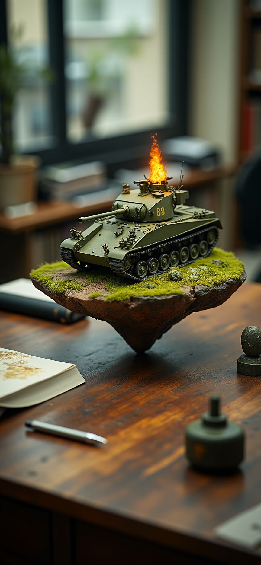(indoor,very wide isometric view,tilt-shift lens:1.6), (windowless,miniature,miniature,diorama,miniature,diorama,PVC,plastic:2) ,  military truck,M1 tank with base  with flame at (floating island,levitating  island:1.5) on (table:2) at (study:2.5)   <lora:Diorama_Flux:1>