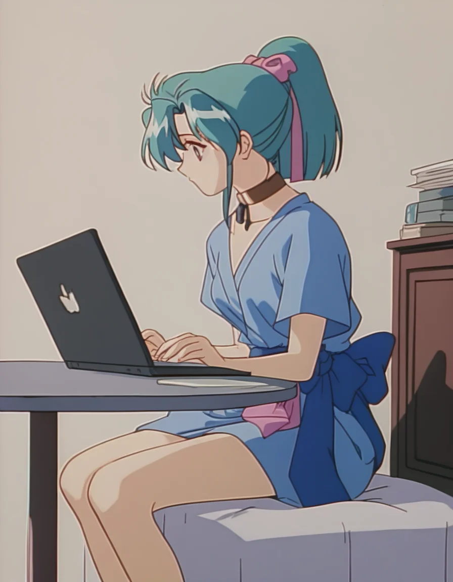 score_9, score_8_up, score_7_up, source_anime, 1girl, solo, <lora:diana-minerva-ponyxl:0.9> mnkda, short kimono, ponytail, sitting, laptop