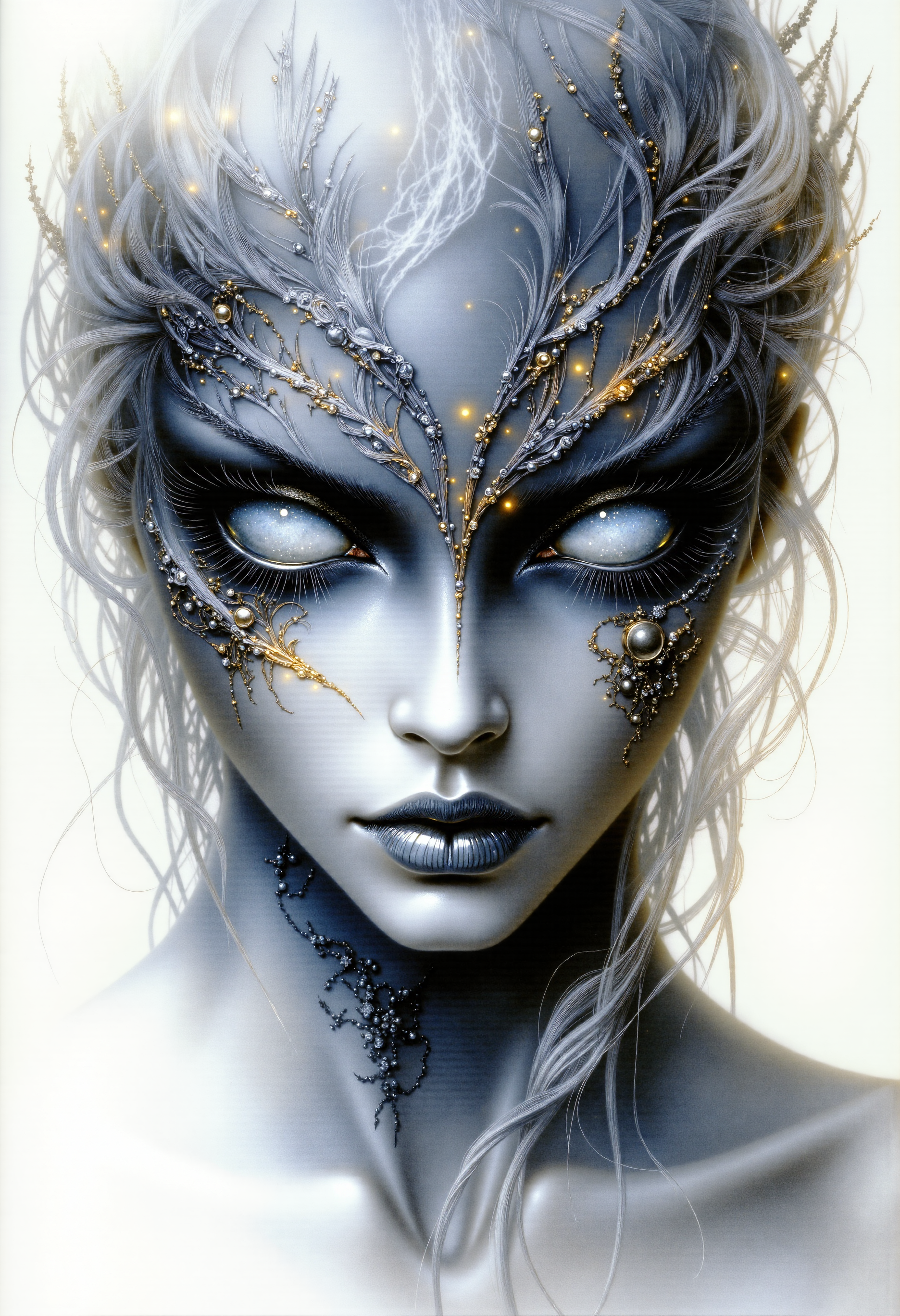 Ethereal Gothic Elegance, A portrait of Hel, the ruler of Helheim. Her marvelous wild mane covers part of her beautiful face and bare chest. Both eyeballs are completely blank and featureless, devoid of pupils and irises, and extend across the entire eye region, blending seamlessly into the surrounding facial area, while the eyes remain fully open. The face is divided into two halves. The left side shows signs of decay and decomposition, with lifeless dark-coal skin, hard bones are visible under the torn skin, shreds of golden ash detached from her skin. Her left eyeball is completely golden. The right half of the face is of unearthly beauty, with immaculate, flawless white skin. Her right eyeball is completely snow-white. The transition between the two halves of the face is fluid and unobtrusive, symbolizing the brief moment between life and death. The picture depicts a surreal and abstract pencil and ink drawing, characterized by a monochromatic scheme with predominant shades of black, white, and gray, which has been digitally enhanced.