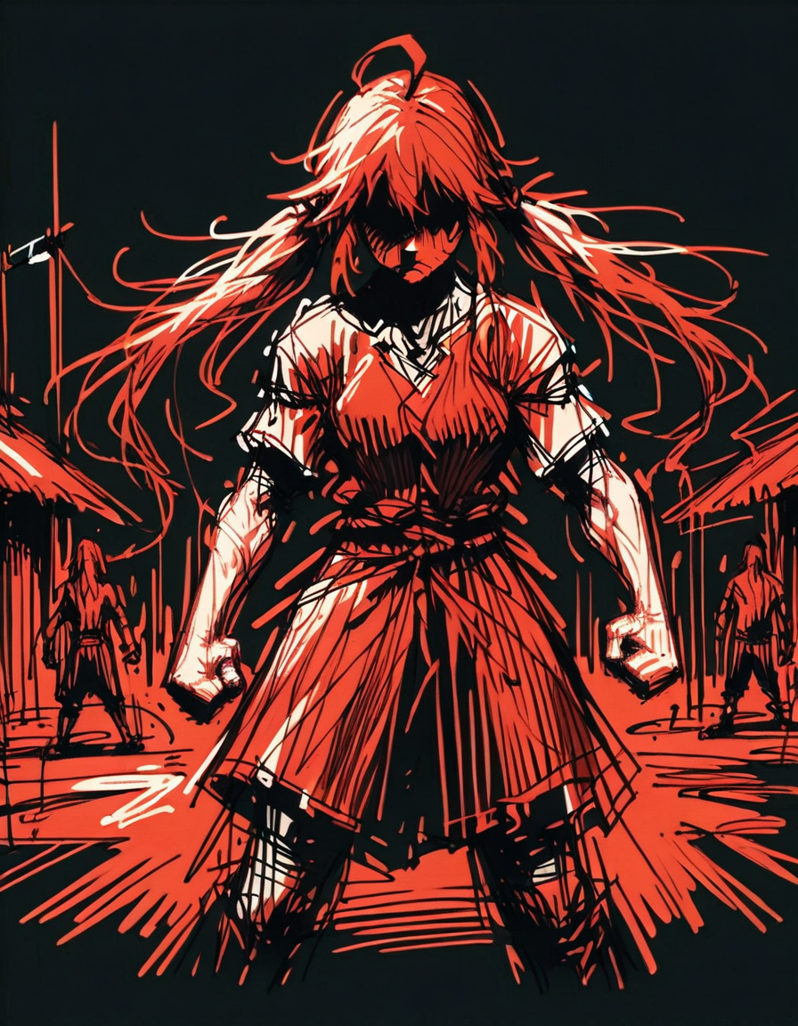 score_9, score_8_up, score_7_up,   <lora:Navi_WrathStrokes_PonyXL_S1:1.2> , red sketch, black background, black theme, monochrome,   1girl,    very long hair, ahoge, twintails ,, solo , clenched hands fighting stance, standing,  outdoors,
