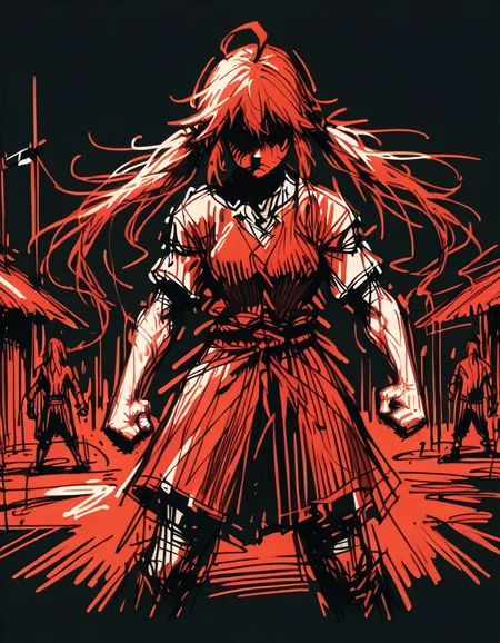score_9, score_8_up, score_7_up, <lora:Navi_WrathStrokes_PonyXL_S1:1.2> , red sketch, black background, black theme, monochrome, 1girl, very long hair, ahoge, twintails ,, solo , clenched hands fighting stance, standing, outdoors,