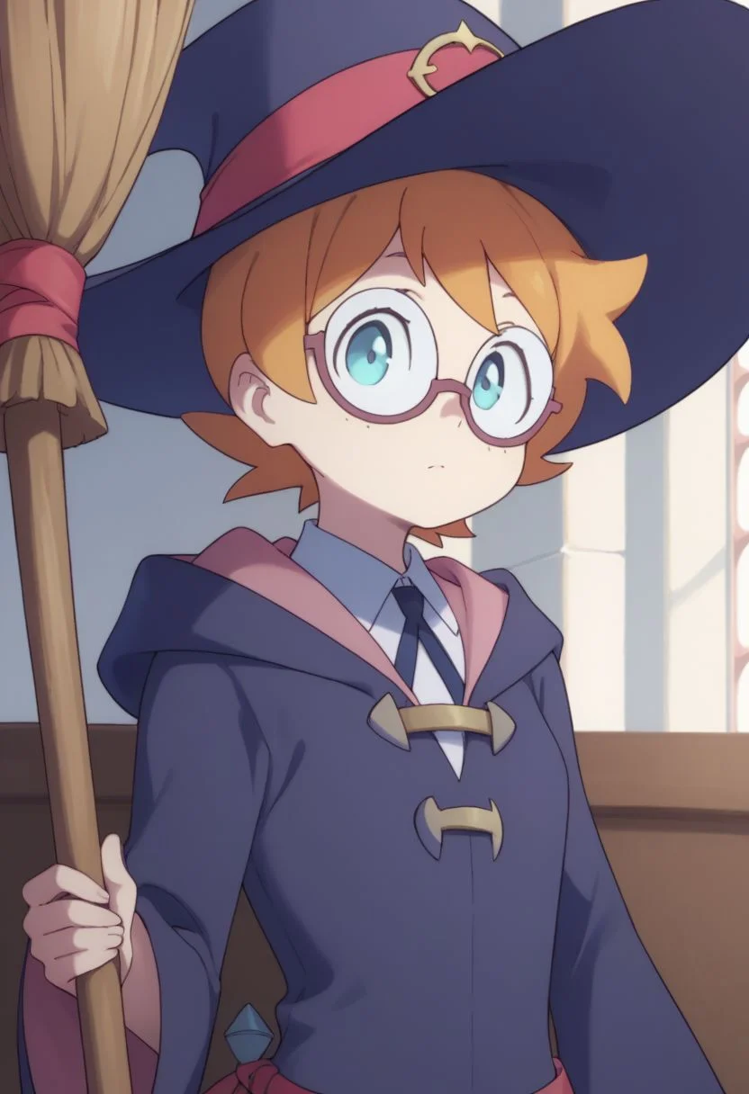 score_9, score_8_up, source_anime, highly detailed, 1girl, solo
lotte, 1girl, solo, hat, blue eyes, witch hat, luna nova school uniform, glasses, short hair, witch, orange hair, freckles, upper body, standing, broom, hold broom,