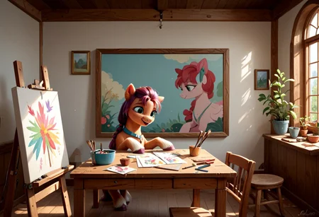 score_9, score_8_up, score_7_up, score_6_up, score_5_up, score_4_up, sunny starscout,
earth pony, pegasus pony, g5, inside, rich colors, artist workshop, presents a painting of rabbits, aroused, front view, detailed background, pony, solo, detailed, 8k quality, side view, beautiful, teasing, easel and brushes, leaned to the floor, close up,