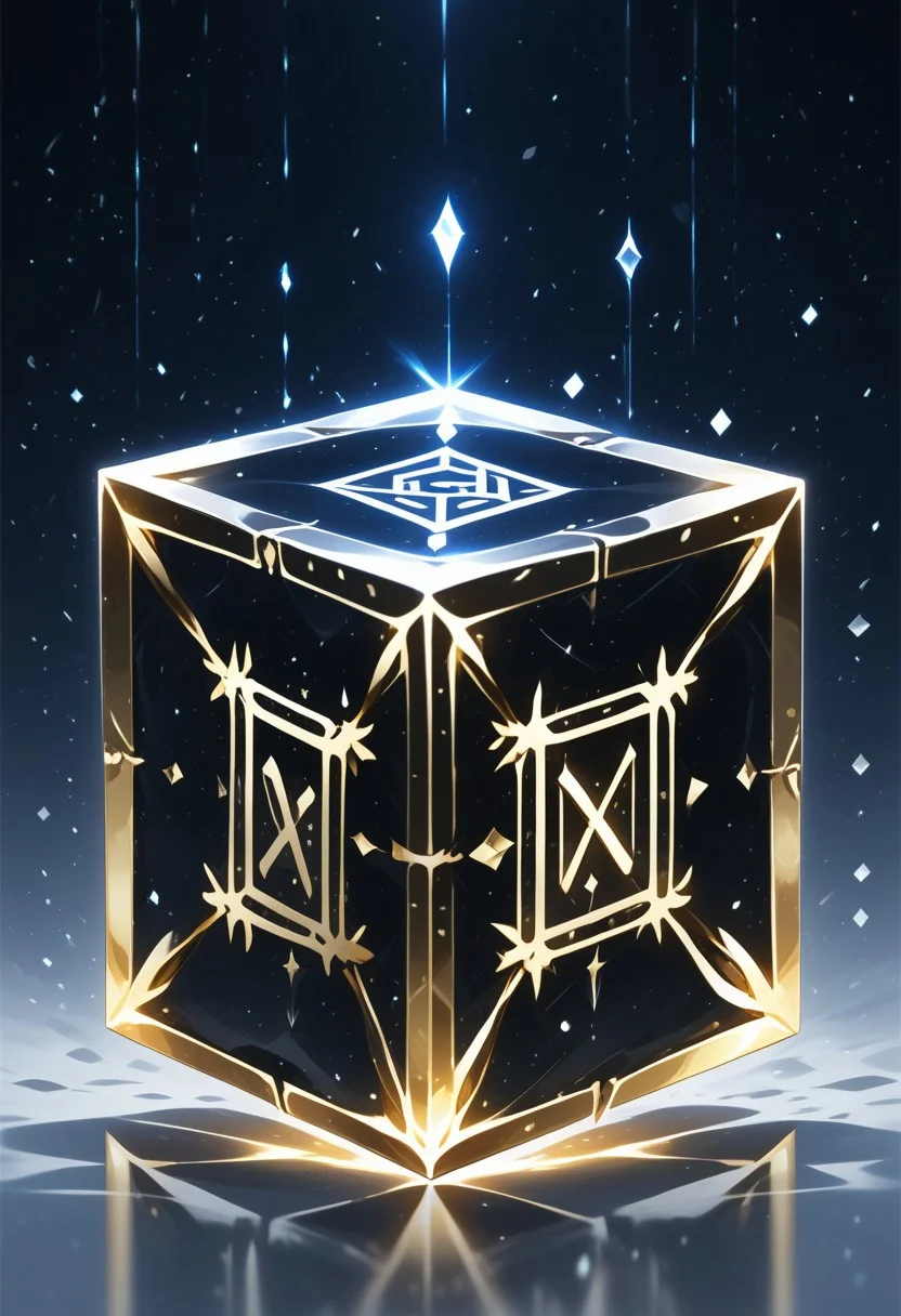 (masterpiece), best quality, Anime, Illustration, (Floating Cube, Crystal, Magic, Reflection), White Background, No Humans, Starry Theme, (Ancient Runes, Glowing Runes, Light Refraction), Black and Gold Theme, Natural Lighting, Verynsty