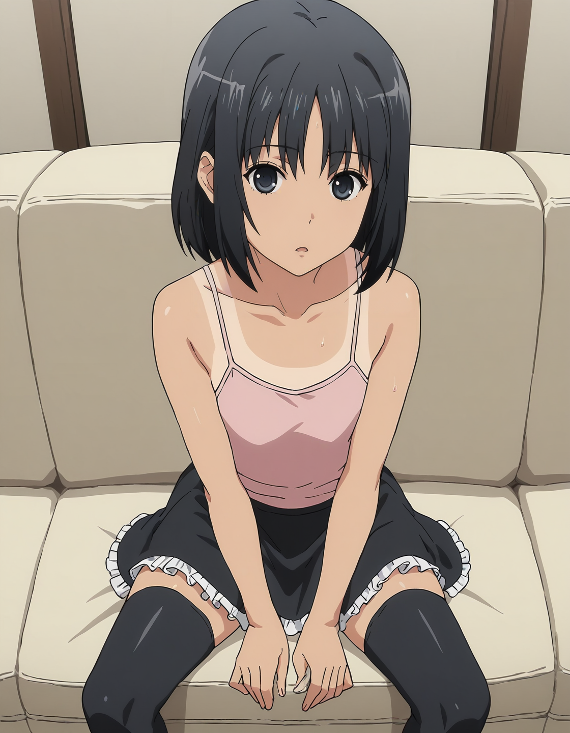 score_9, score_8_up, score_7_up, score_6_up, score_5_up, score_4_up, <lora:Yoshino_T2V0:0.85>, <lora:sdxl_lightning_8step_lora:1>,
1girl, solo, source_anime, anime screencap,
Yoshino_T2V0, black hair, medium hair, bangs, black eyes, grey eyes, one-piece tan, tanlines, 
pink camisole, collarbone, bare shoulders, 
black skirt, frilled skirt, miniskirt, black thighhighs, 
sitting, on couch, spread legs, hands between legs, leaning forward, 
looking at viewer, expressionless, parted lips, sweat, light blush, 
indoors, living room, couch, from above,