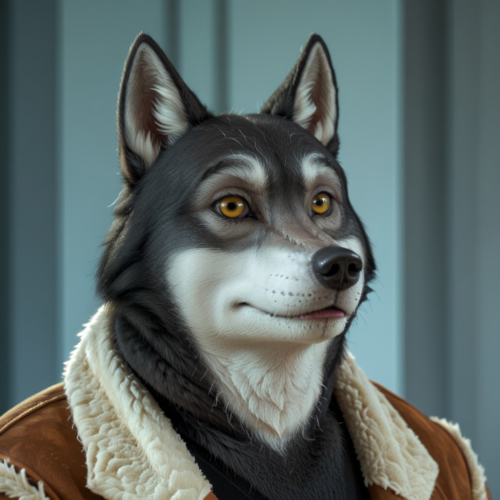 score_9, score_8_up, score_7_up, source:furry, dynamic lighting, detailed background, bedroom background,  anthro, furry, male, 1boi, (headshot), solo, (detailed face, detailed eyes), furry, anthropomorphic character, 
BREAK
Mr_Badwolf, Anthro Wolf, Wolf, BBW, Ever_after_high, dark gray fur, white snout, white eyebrows, white inner ears, black nose, white sclera, yellow eyes, black lips, large muscles, muscular, thick neck, leather jacket, fleece-lined jacket, torn jeans, digitgrade legs, 
BREAK
<lora:add-detail-xl:1.5>