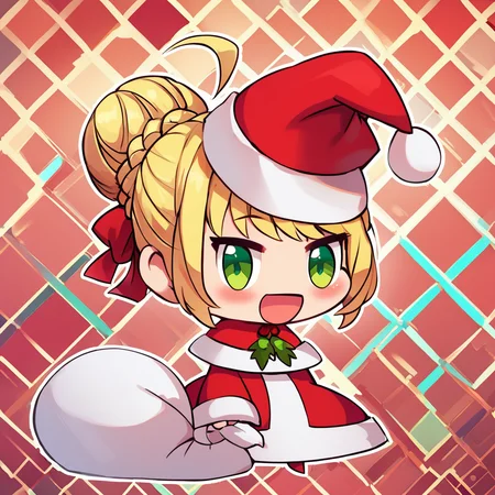 score_9, score_8_up, score_8, ,,, zzPadoru, 1girl, blush, smile, open mouth, blonde hair, long sleeves, dress, holding, green eyes, braid, ahoge, :d, hair bun, red dress, single hair bun, red headwear, meme, holding sack, ,<lora:PadoruMemePDXL:1.0>, ,,, smile, looking at viewer, ,,, embedding:zPDXL, <lora:SDXLFaeTastic2400:0.5>,