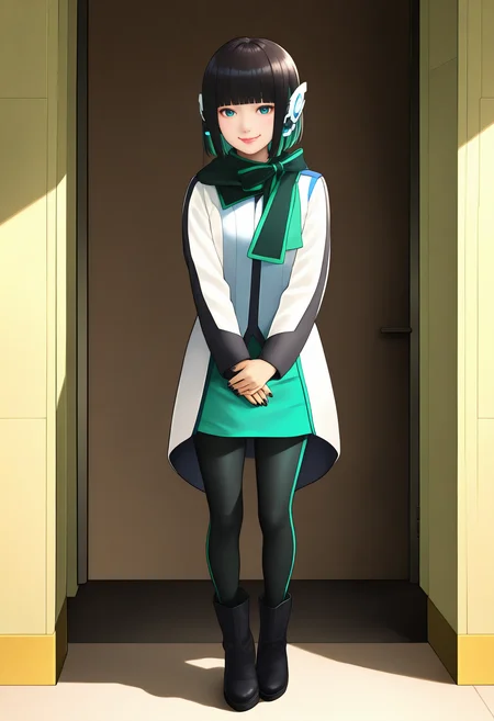 best hands, 5 fingers, perfect hand, <lora:zero-one izu_IL1.5:1>looking at viewer, full body,
zero-pne izu, realistic, Asian, 1girl, solo, black hair, multicolored hair, green hair, bobbed hair, blunt bangs, robot ears, smile, closed mouth, lips,
white Coat, scarf, green miniskirt, Black pantyhose with green outer half on right leg, Short boots,
black nails,
v arms,
BREAK indoors, Building entrance, shadow, standing,