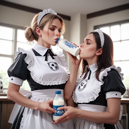 score_7_up, score_8_up, score_9, realistic, studio lighting, best quality, 2girls, maid, drinking milk, juice bottle, bib,  football terrain