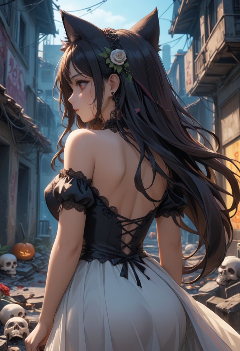score_9, score_8_up, score_7_up, score_6_up, dynamic, (anime, masterpiece), best quality, (8k), detailed background, sharp focus, intricate, ambient lighting, super high quality, hyper detailed background, cinematic lighting, adult, double tone long hair, mature, Day of the Dead, embedding:zPDXLxxx, spooky, cat ears, long dress, from behind ass, abandoned city, addDetailXl.MLUV, Nyaomi<lora:Nyaomi.safetensors:1.0:1.0> <lora:addDetailXl.MLUV.safetensors:1.0:1.0>