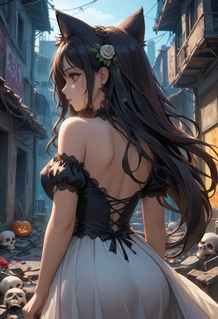 score_9, score_8_up, score_7_up, score_6_up, dynamic, (anime, masterpiece), best quality, (8k), detailed background, sharp focus, intricate, ambient lighting, super high quality, hyper detailed background, cinematic lighting, adult, double tone long hair, mature, Day of the Dead, embedding:zPDXLxxx, spooky, cat ears, long dress, from behind ass, abandoned city, addDetailXl.MLUV, Nyaomi<lora:Nyaomi.safetensors:1.0:1.0> <lora:addDetailXl.MLUV.safetensors:1.0:1.0>