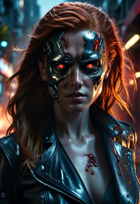 Ultra-realistic high resolution image of a beautiful Terminator, 8k, capturing the intensity of the moment, cinematic lighting, standing on a mysterious street in a fighting pose, wavy red hair, realistic face, half of her bloody face smashed in to reveal a metallic robotic skull, realistic red robotic eye, one human eye, fire, intricately designed leather jacket, tight top and jeans, aesthetic of Terminator movies, perfect athletic figure, beautiful Sadie Sink as Terminator, fire, ultra-realistic, cinematic style, athletic figure, sci-fi, dramatic lighting, wet and sweaty skin, dirty bloody skin, athletic figure, dramatic lighting, Greg Rutkowski style, hyper-detailed, hyper-realistic, bright colors, Attractive 25 year old girl, Attractive, beautiful solid body, sharp focus, digital painting, Photo taken on Nikon D750, Alphonse Mucha, 8K, athletic figure, Hyperdetailed, hyperrealism, Attractive, Attractive busty girl, asymmetrical balance