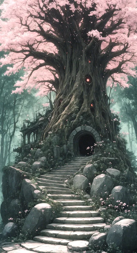 masterpiece, best quality, amazing quality, flower, outdoors, tree, no humans, cherry blossoms, scenery, nature, forest, rock, stairs, ruins, stone stairs, Studio Ghibli Dark Fairytale <lora:noobai_ep11_stabilizer_v0.138_fp16:0.3> <lora:NOOB_vp1_detailer_by_volnovik_v1:0.3> <lora:XXX667:0.5> <lora:Dark_Ghibli:0.8>