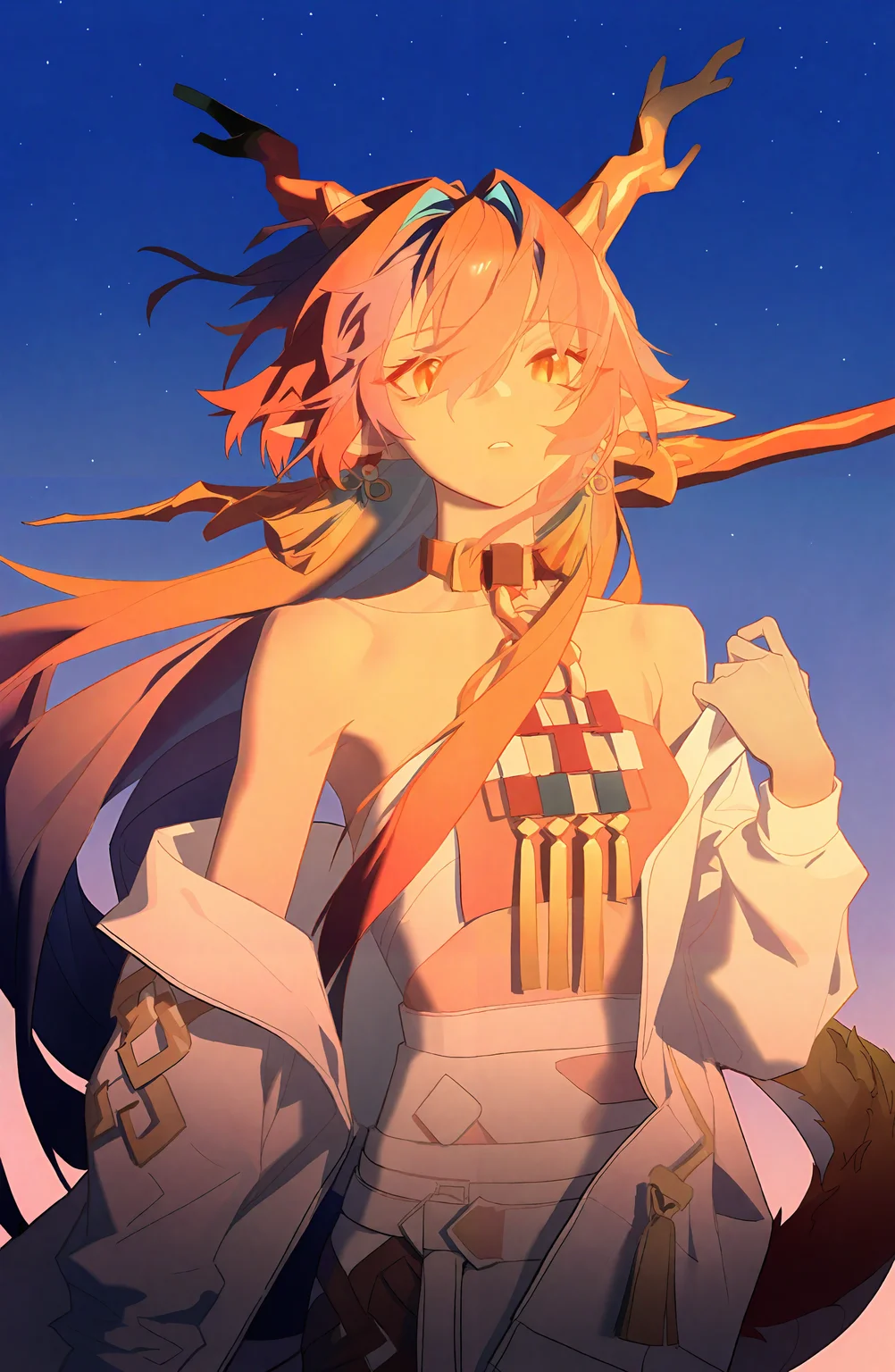 1girl, solo, long_hair, looking_at_viewer, hair_between_eyes, jewelry, bare_shoulders, very_long_hair, blue_hair, jacket, tail, multicolored_hair, earrings, parted_lips, open_clothes, horns, sky, pointy_ears, pants, off_shoulder, strapless, white_jacket, tassel, star_\(sky\), dragon_horns, dragon_girl, white_pants, tassel_earrings