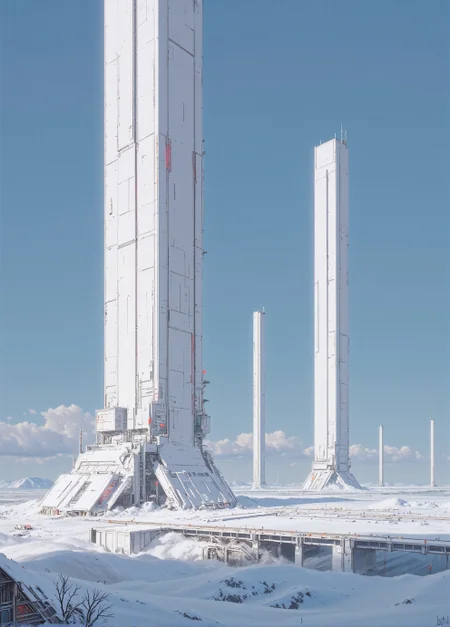 <lora:ck-Sci-Fi-Concepts:0.7>, in the style of ck-sfc, On a bright, crisp day, Artemis Station gleams in the winter sunlight. The massive white towers reflect the clear blue sky, their smooth surfaces catching rays of sunlight that bounce off the fresh snow covering the ground. The environment feels almost serene, with no wind, just a light dusting of snow gently falling from the sky. The snow at the base of the towers is untouched, forming pristine, sparkling blankets, while the top of each tower shimmers with a slight frost that has settled on the steel. The station's lights are a soft blue, contrasting gently with the whiteness of the structures. In the distance, other white towers fade toward the horizon, creating a sense of endlessness. The camera is positioned at eye level, allowing for a calm, picturesque view of the station. This setting conveys the stillness and purity of winter, with the brilliance of the white towers bathed in natural light.
<lora:ck-nc-luminal-genesis:0.8>
<lora:test2:0.8>
<lora:flux.1_lora_flyway_Epic-detail_v2:1>