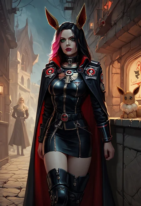 (score_9, score_8_up, score_7_up, choker, black collar, shock collar, Marked Tattoo, Tattoo, Eevee ears, Eevee tail, pet, pet play, bdsm, Light skin, Neko, Eevee eyes, Fox Ears, Fox Tail, Expressiveh, 25 years old, solo focus, 1girl, human, beautiful girl, muscles, athletic, Scarlet red hair, long brown hair, long hair, pink hair, pink highlights, two toned hair, green eyes, pink lipstick, medium breasts, detailed eyes, outdoors, standing, street, night, dominant, confident, bar, backstreets, moonlight, moonlit, dark, HDA_pet_play, w4rh4mm3r style oil painting, grimdark, warhammer 40000, inquisitor, servo skull, Inquisitor Uniform, open jacket, hive city, Skirt, Thigh high boots, belt, cape,