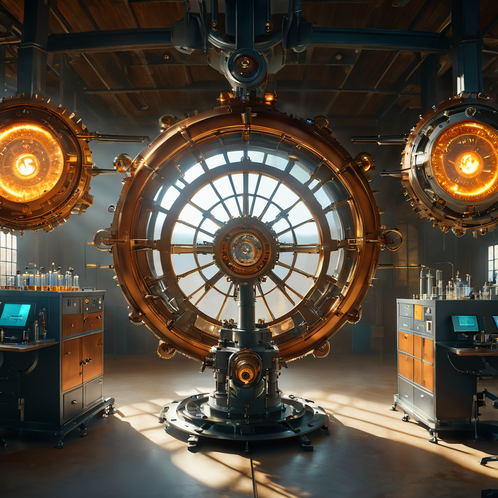 bird's eye view, ((((large laboratory)))) in a dusty warehouse, photorealistic photo of a glowing steampunk machine that shows the planets in our solar system, (((((No people))))), Octane Render, large fusion mechanical device with complex gears and ((glowing gems)), ultra detail, 8k, portal, spark, timewarp, gravitational lens, the universe,  <lora:SDXLHighDetail:1> <lora:wowifierXL:1>