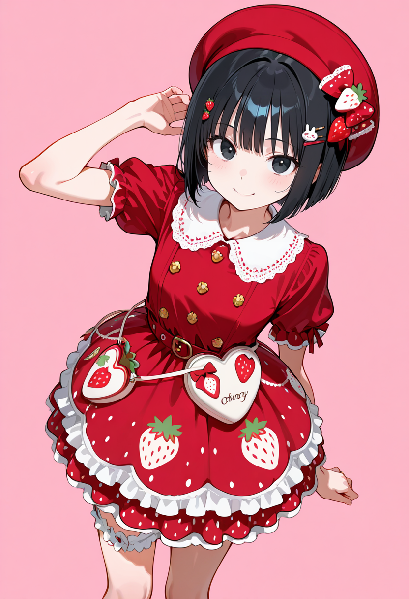 masterpiece, best quality, amazing quality, simple background,((outlined outlined vector graphics)),  detailed background,
 ,  looking at viewer ,cowboy shot, from above ,  looking at viewer 
1girl, 20yo, black hair, black eyes, short bob hair, hair pin,small breast, slender,(white thigh strap:1.1) , cute face, smile, happy ,strawberry bag, strawberry, strawberry-gothic-dress red dress, clothed, red headwear, short sleeve <lora:strawberry-gothic-il-01:0.8>