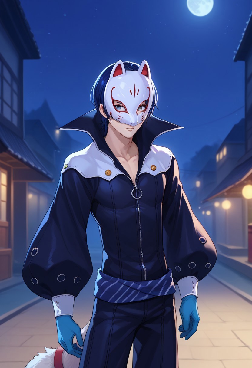 score_9, score_7_up, source_anime 

yusuke, 
1boy, male focus, solo, grey eyes, blue hair, short hair, thief outfit, mask, fox mask, jacket, black jacket, high collar, long sleeves, gloves, blue gloves, zipper, pants, black pants, tail, fox tail,

outdoor, dark, darkness, shadows, night, moon,
