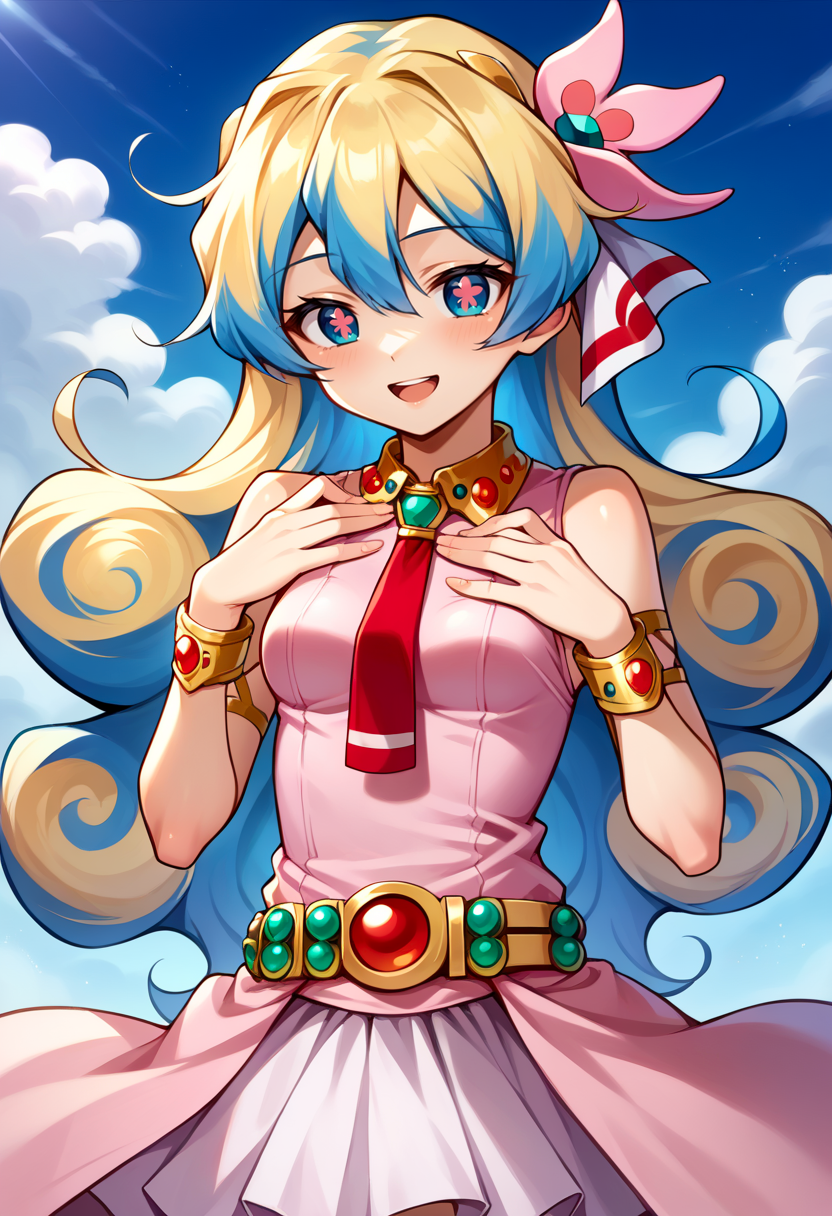 score_9, score_7_up, source_anime, BREAK blue sky, open mouth, :o, hands on own chest, hands up, smile, <lora:NiaS1:1>  nias1, 1girl, blue eyes, symbol-shaped pupils, long hair, blonde hair, blue hair, two-tone hair, small breasts, skirt, hair ornament, Pink dress, jewelry, hair flower, sleeveless dress, red necktie, bracelet, armlet, belt,