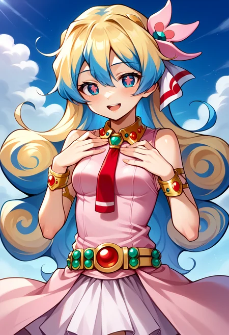 score_9, score_7_up, source_anime, BREAK blue sky, open mouth, :o, hands on own chest, hands up, smile, <lora:NiaS1:1> nias1, 1girl, blue eyes, symbol-shaped pupils, long hair, blonde hair, blue hair, two-tone hair, small breasts, skirt, hair ornament, Pink dress, jewelry, hair flower, sleeveless dress, red necktie, bracelet, armlet, belt,