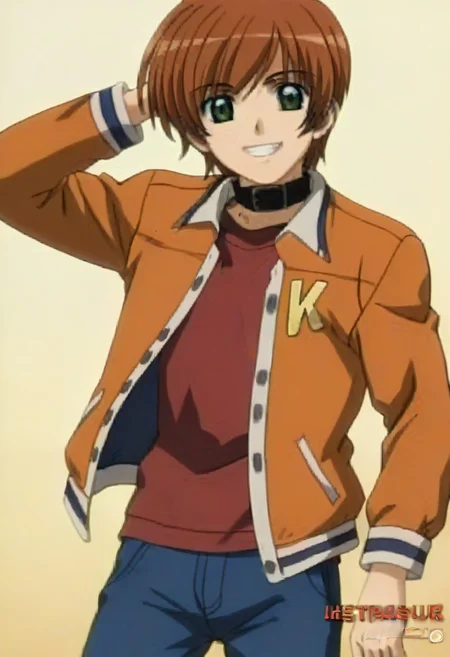 ((masterpiece)), ((best quality)), ((ultra-detailed)), ((absurdres)), score_9_up, score_8_up, score_7_up,
HD, top quality, best quality, amazing quality, High-quality illustrations, anime screencap, source_anime, best aesthetic, perfect proportions, perfect eyes, 1boy, 1male, solo boy, solo male, male focus, solo male focus, Anime, boy, male anime character, anime boy, handsome, attractive, cute, charming, sexy, hot, ((tall, tall height, tall body)), ((slim body, slim body), ((cowboy shot, half body shot, head to hips shot, close up shot)), Keita Kawahira, brown-orange hair, green eyes, neck collar, orange jacket, short jacket, "K" logo on jacket, red shirt, blue baggy pants, big smile, smile with teeth, energetic