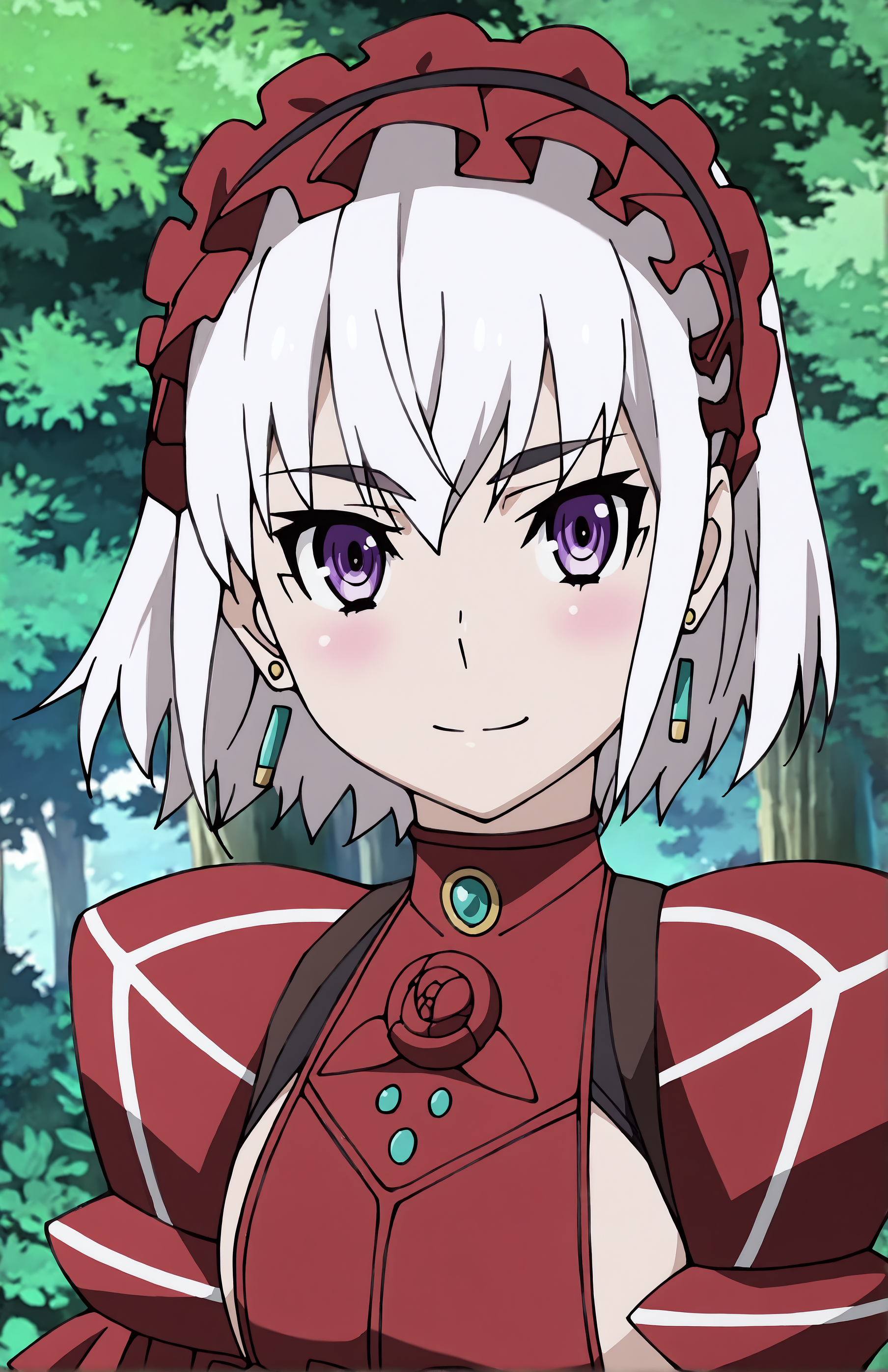 ChaikaBogdan, 1girl, solo, short hair, white hair, purple eyes,  earrings, lolita_hairband, red top, puffy sleeves, frills, forest, day, looking at viewer, front view, portrait, smile
