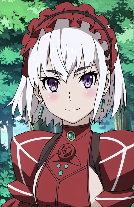 ChaikaBogdan, 1girl, solo, short hair, white hair, purple eyes, earrings, lolita_hairband, red top, puffy sleeves, frills, forest, day, looking at viewer, front view, portrait, smile