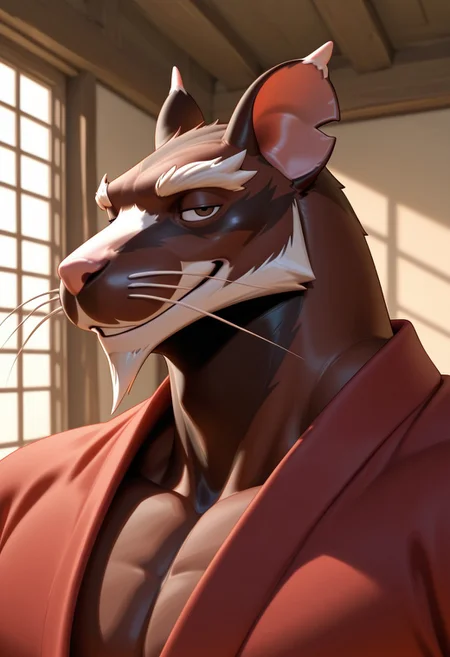 masterpiece, best quality, amazing quality, very aesthetic, absurdres, newest, high quality, detailed, male, solo male, Sharpwood, 1boy, broad shoulders, mature male, brown eyes, athletic build, animal ears, rat, whiskers, anthro, anthro male, brown fur, facial hair, beard, big eyebrows, red robe, detailed face, detailed eyes, looking at viewer, half lidded eyes, smiling, indoors, volumetric lighting, close up, bust shot, side view