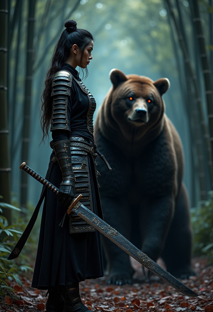 A hyper-realistic, ultra-detailed 8K photograph of an elegant samurai woman and her powerful bear mount in a dark, mysterious cherry blossom and bamboo forest. The woman’s sharp, refined features exude both grace and an air of danger. She wears intricately designed samurai armor with subtle engravings, the metal glinting faintly in the dim light.
In her hand, she holds a beautifully crafted katana with the word 'FLUX' ornately etched into the blade, glowing softly in the shadowy environment. Her long, dark hair is tied back, with loose strands adding to her enigmatic presence. Her stance is poised, embodying both strength and a deep connection to the ancient forest.
The bear mount stands tall and imposing beside her, its thick fur blending into the deep shadows of the bamboo and darkened cherry blossoms swirling through the air. The bear’s eyes, glowing faintly, mirror the woman’s intensity.
The background features a dense, shadowed forest where towering bamboo and dark cherry blossoms create an otherworldly atmosphere. The ground is covered in petals that pulse with a life of their own, while dim, eerie light filters through the trees, casting long, mysterious shadows. The scene is heavy with suspense, blending natural beauty with the quiet threat of the samurai.
The lighting and composition emphasize the intricate armor, the bear’s fur, and the glowing katana, creating a dark, moody, and captivating image.
