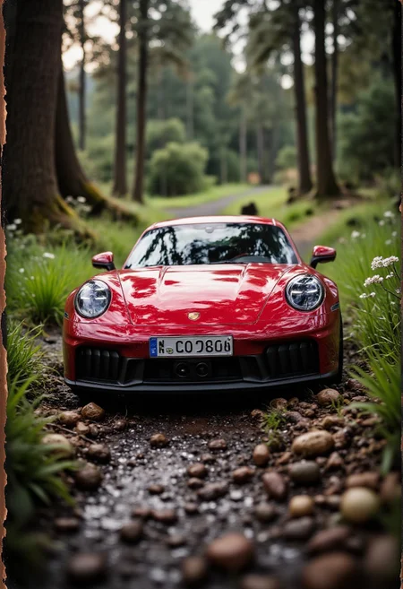 unique and crazy camera angle, (masterpiece:1.4), professional photo, close-up a Porsche 911 GTS miniature car in mud, numberplate reads "CIVIT", forest path (grass, water), dramatic, (natural light:1.2), amazing depth of field, shot on Lumix GH5 (cinematic bokeh , dynamic range, vibrant colors)
detailmaximizer,gaming, magic bronze frame merging into image,