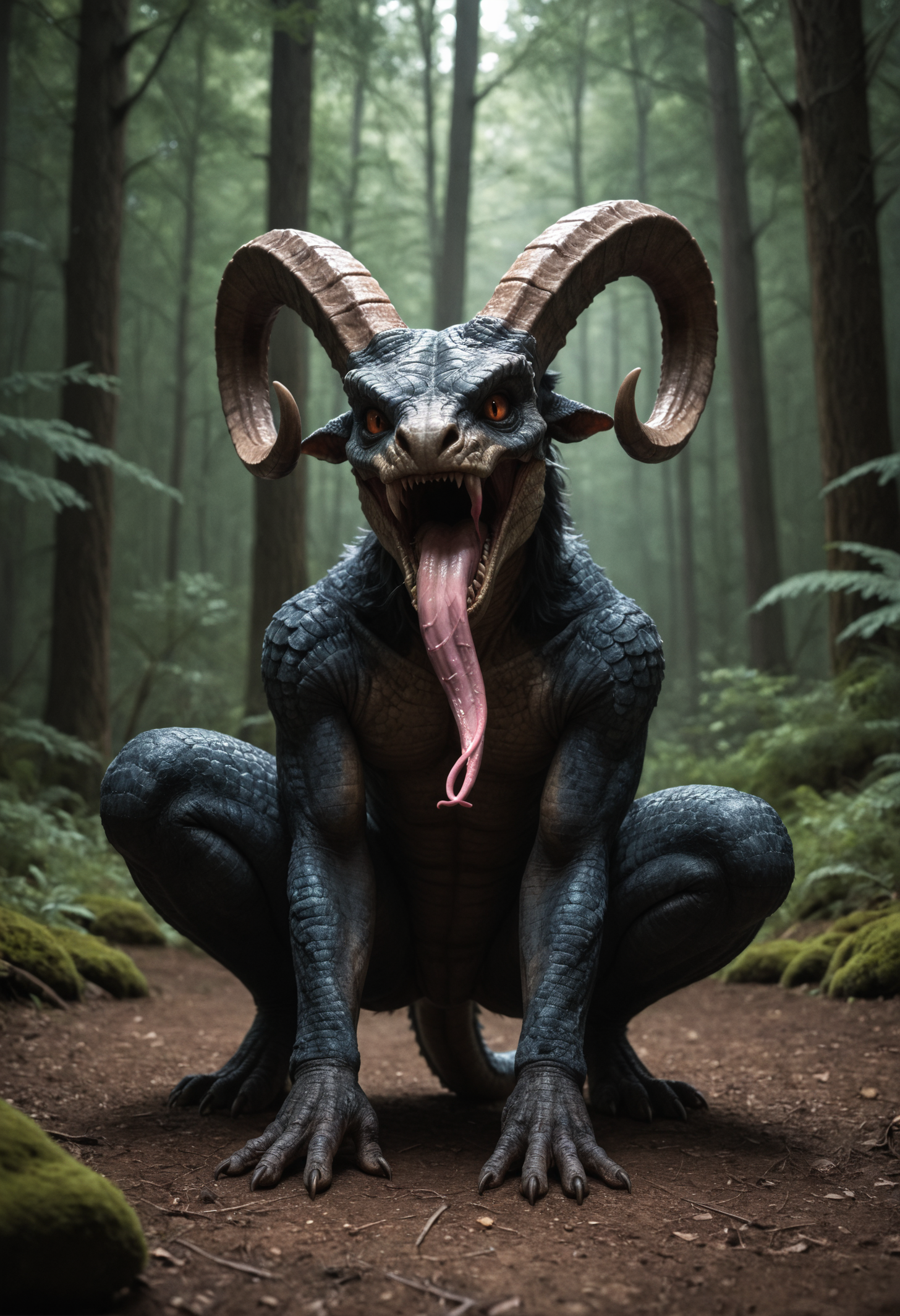 score_9,
rating_safe,
horrific
scaly
hybrid creature,
squat,
matted fur
  ,long tongue
  ,twisted horns
  ,
,
dark forest,
crouching,
cinematic lighting, dusk,
detailed realistic photo <lora:zavy-cntrst-sdxl:0.7>